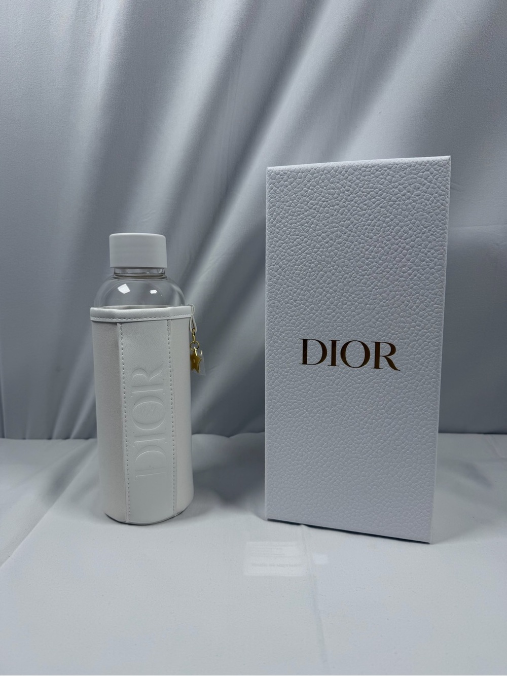 Dior Glass Waterbottle with White Leather Bottle Sleeve with Gold Charm
